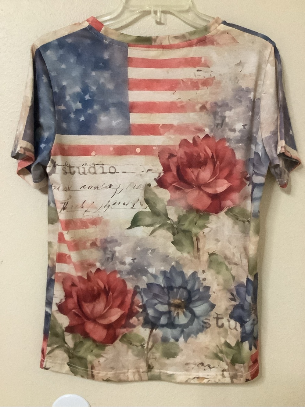 Woman’s Floral American Flag Short Sleeve Top - Dusty Blue - Picture 3 of 4